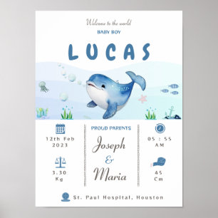 Blauwe walvis Geboorte Statistieken Keepsake Kweke Poster