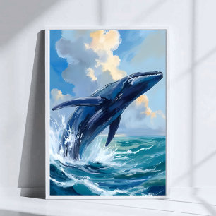 Blauwe Walvis Oceaan Dier Aquarel Kunst Poster