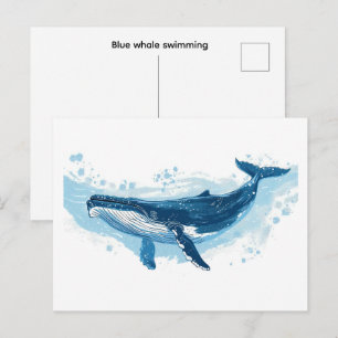 Blauwe walvis zoogdier zwemt Klein Briefkaart