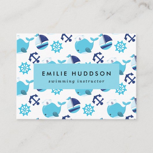 Blauwe walvissen, zweminstructeur, zwemcoach visitekaartje (Voorkant)