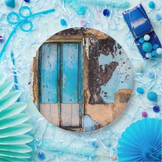 Blauwe wand en deur papieren bordje (Feest)