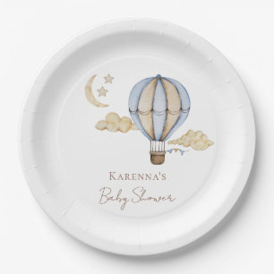 Blauwe warmluchtballon witte baby shower papieren bordje
