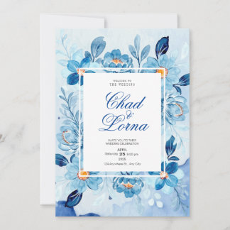 Blauwe Watercolor Bloemen Trouwkaart Kaart