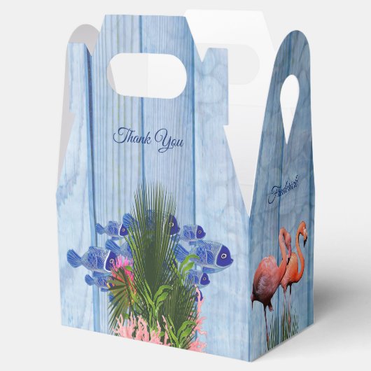 Blauwe waterkeien, roze lamingos en vis bedankdoosjes (Geopend)