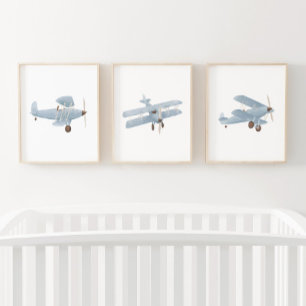Blauwe Waterverf Biplane Jongen Reizen Kinderkamer Muurkunst Sets