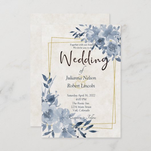 Blauwe waterverf bloem en gouden lijst bruiloft in kaart (Voorkant / Achterkant)