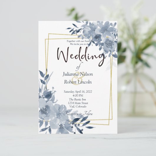 Blauwe waterverf bloem en gouden lijst bruiloft in kaart (Staand voorkant)