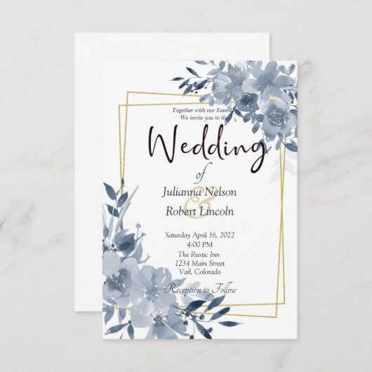 Blauwe waterverf bloem en gouden lijst bruiloft in kaart (Voorkant / Achterkant)