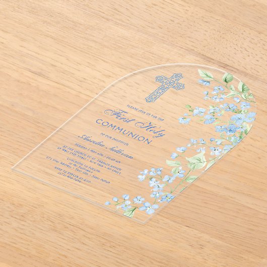 Blauwe Waterverf Bloemen Boog Eerste Communie Acryl Uitnodigingen (Laagn)