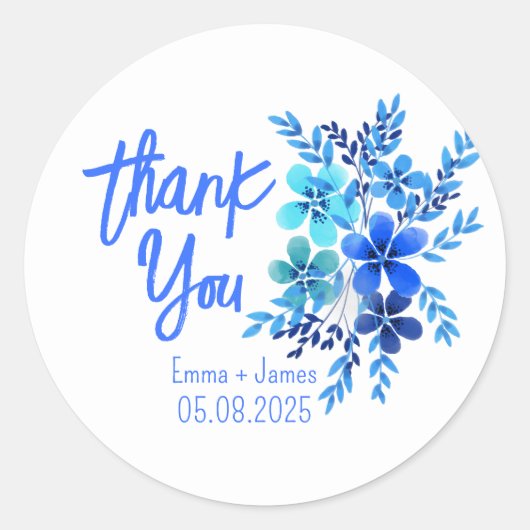 Blauwe Waterverf bloemen Dank je Sticker (Voorkant)