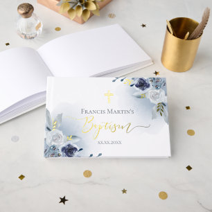 Blauwe waterverf Bloemen Doop Gastenboek
