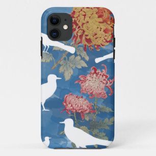 Blauwe Waterverf  bloemen en vogels iPhone 11 Hoesje