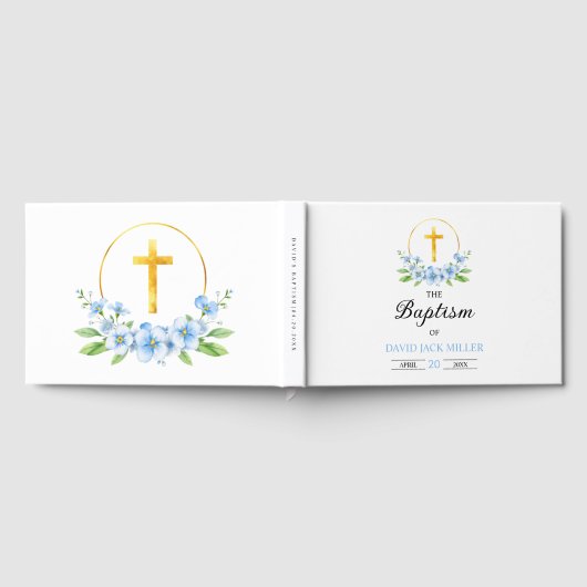 Blauwe waterverf bloemen, gouden kruisjongen doop gastenboek (Volledig)
