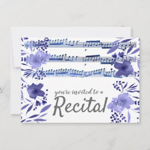 Blauwe waterverf Bloemen Muziekrecital Kaart