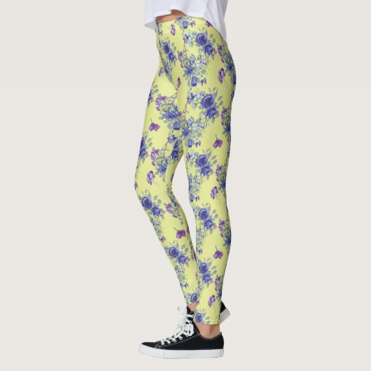 blauwe Waterverf bloemen op gele Leggings (Links)