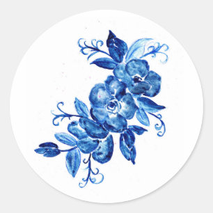 Blauwe Waterverf bloemen Ronde Sticker