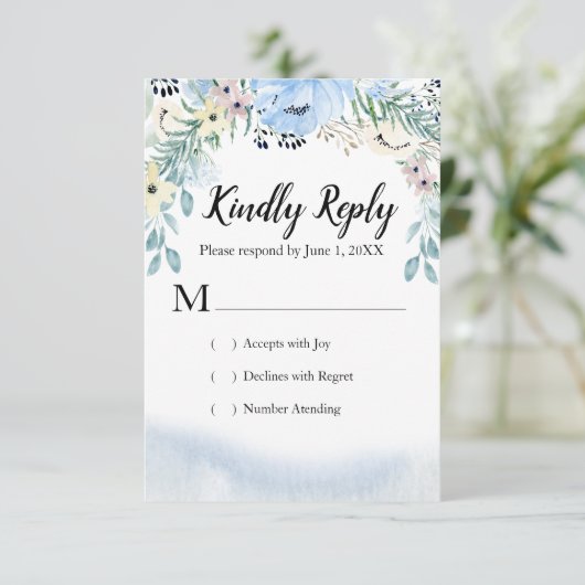 Blauwe Waterverf Bloemen RSVP Respons Kaarten (Staand voorkant)