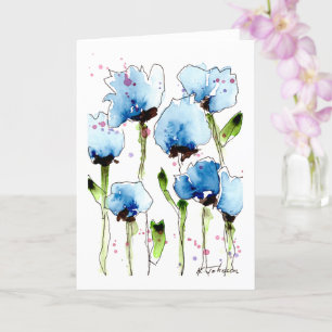 Blauwe Waterverf bloemen Wenskaart Kaart