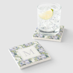 Blauwe Waterverf bloemen witte monogram Stenen Onderzetter