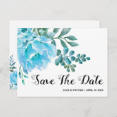 Blauwe waterverf bloemenbruiloft Save the Date Aankondigingskaart (Voorkant / Achterkant)
