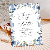 Blauwe Waterverf bloemenbruiloft Save the Date Kaa Kaart