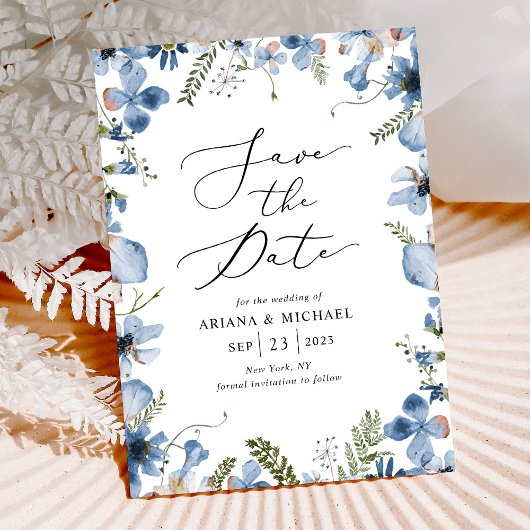 Blauwe Waterverf bloemenbruiloft Save the Date Kaa Kaart