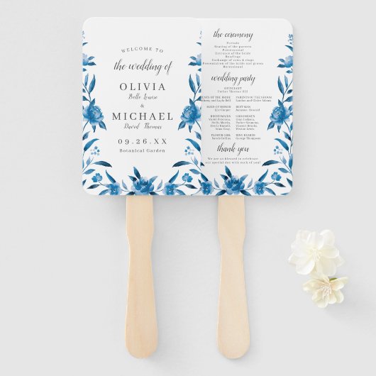 Blauwe Waterverf bloemenChinoiserie Trouwprogramma Handwaaier (Voorkant en achterkant)