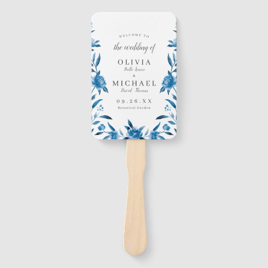 Blauwe Waterverf bloemenChinoiserie Trouwprogramma Handwaaier (Voorkant)