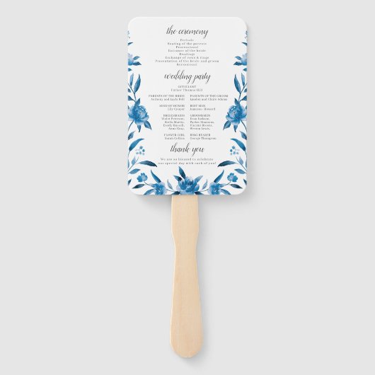 Blauwe Waterverf bloemenChinoiserie Trouwprogramma Handwaaier (Achterkant)