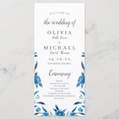 Blauwe Waterverf bloemenChinoiserie Trouwprogramma Menu (Voorkant)