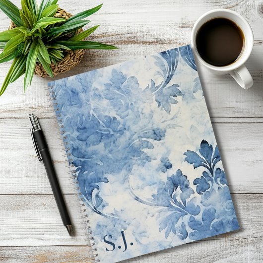 Blauwe Waterverf Bloemig Monogrammed Notitieboek
