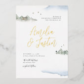 Blauwe Waterverf Bodembestemming bruiloft Folie Uitnodiging (Voorkant)