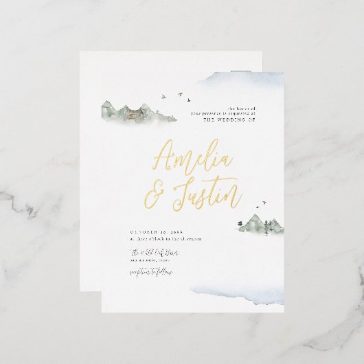 Blauwe Waterverf Bodembestemming bruiloft Folie Uitnodiging Briefkaart (Voorkant / Achterkant)