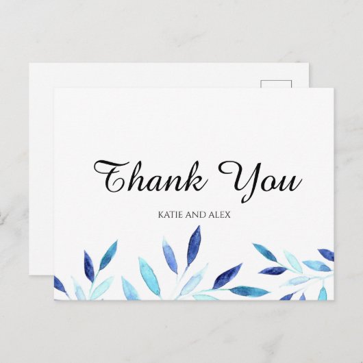 Blauwe Waterverf Botanische bladeren Dank u Briefkaart (Voorkant / Achterkant)