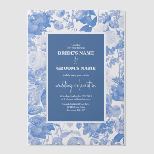 Blauwe Waterverf Botanische Florals Weddenschap Vellum Uitnodigingen (Voorkant)