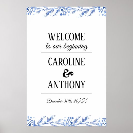 Blauwe Waterverf Branches Wedding Welkomstteken Poster (Voorkant)