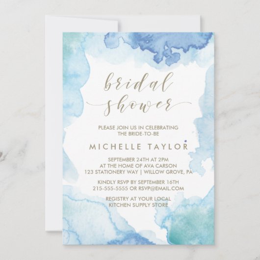 Blauwe Waterverf Bridal Shower Uitnodiging (Voorkant)