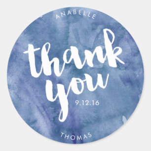 Blauwe Waterverf bruiloft dank u Ronde Sticker