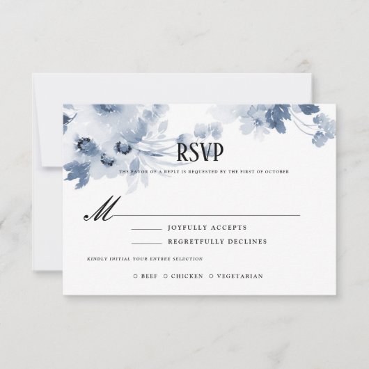 Blauwe Waterverf bruiloft RSVP met Maaltijdselecti Kaartje (Voorkant)