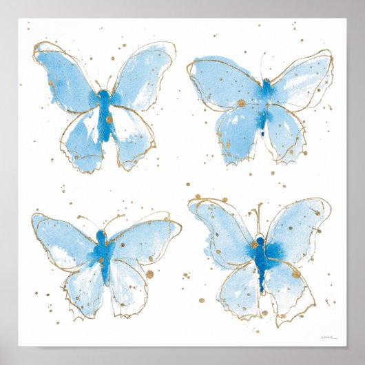 Blauwe Waterverf Butterflies Poster (Voorkant)