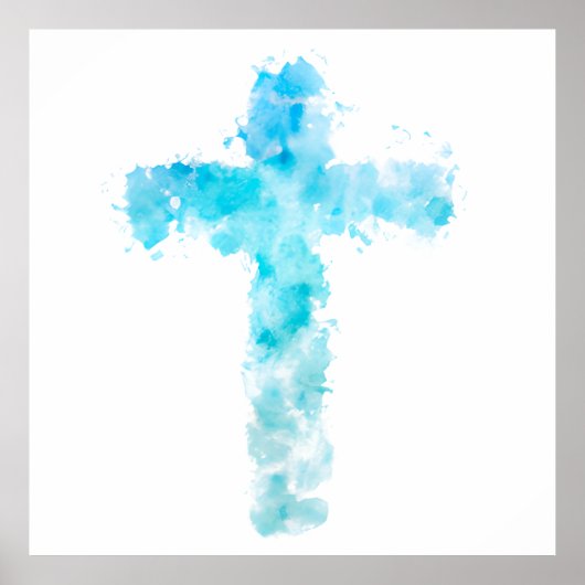 Blauwe Waterverf Christelijk kruis Poster (Voorkant)