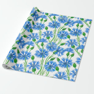 Blauwe waterverf cornbloemen, wilde bloemen op wit cadeaupapier