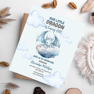 Blauwe Waterverf Dragon Baby 1e Verjaardag Kaart