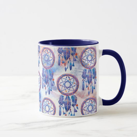 Blauwe Waterverf Drocatcher Modern Boho Mok (Rechts)