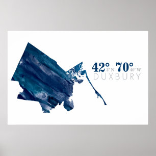 Blauwe Waterverf Duxbury MA-kaart met coördinaten Poster