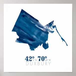 Blauwe Waterverf Duxbury MA-kaart met coördinaten Poster