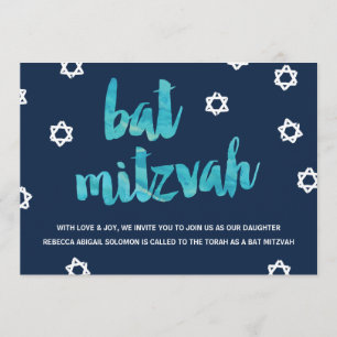 Blauwe Waterverf   Eenduidig BBT Mitzvah Kaart