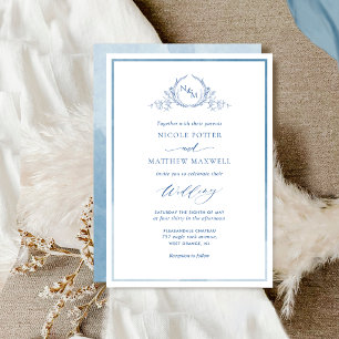 Blauwe Waterverf Elegant Monogram Wedding Invitati Kaart