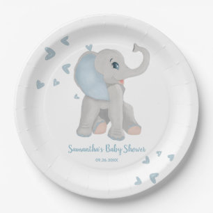 Blauwe Waterverf Elephant Boy Baby shower Papieren Bordje