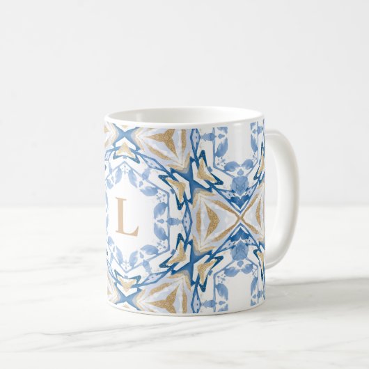 Blauwe Waterverf en goudmonogram Mok (Voorkant rechts)